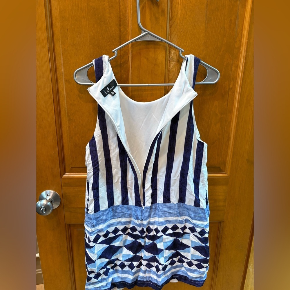 Lulus Women’s Multitask-Queen Ivory And Blue Print Shift Dress Size Medium - Picture 9 of 15